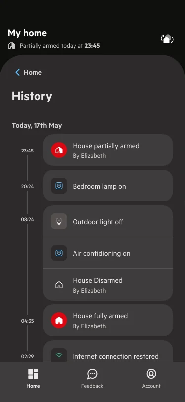 Check the history log for alarm events.